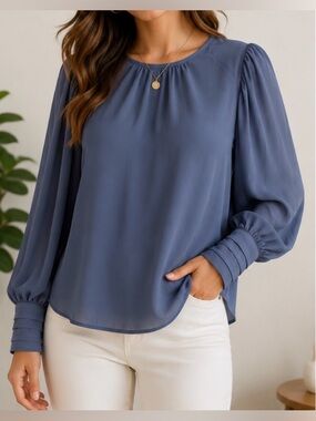 Express Blouse Womens S Blue Preppy Balloon Puff Sleeves